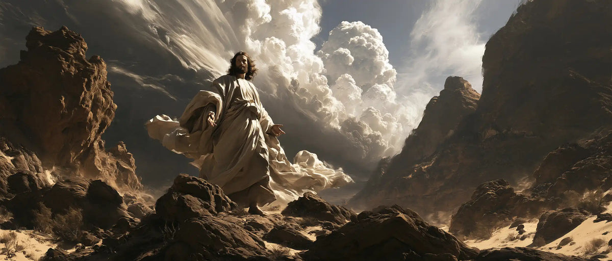 Jesus in the desert during the temptation in Theatrical Baroque style, landscape Christian artwork no. 27
