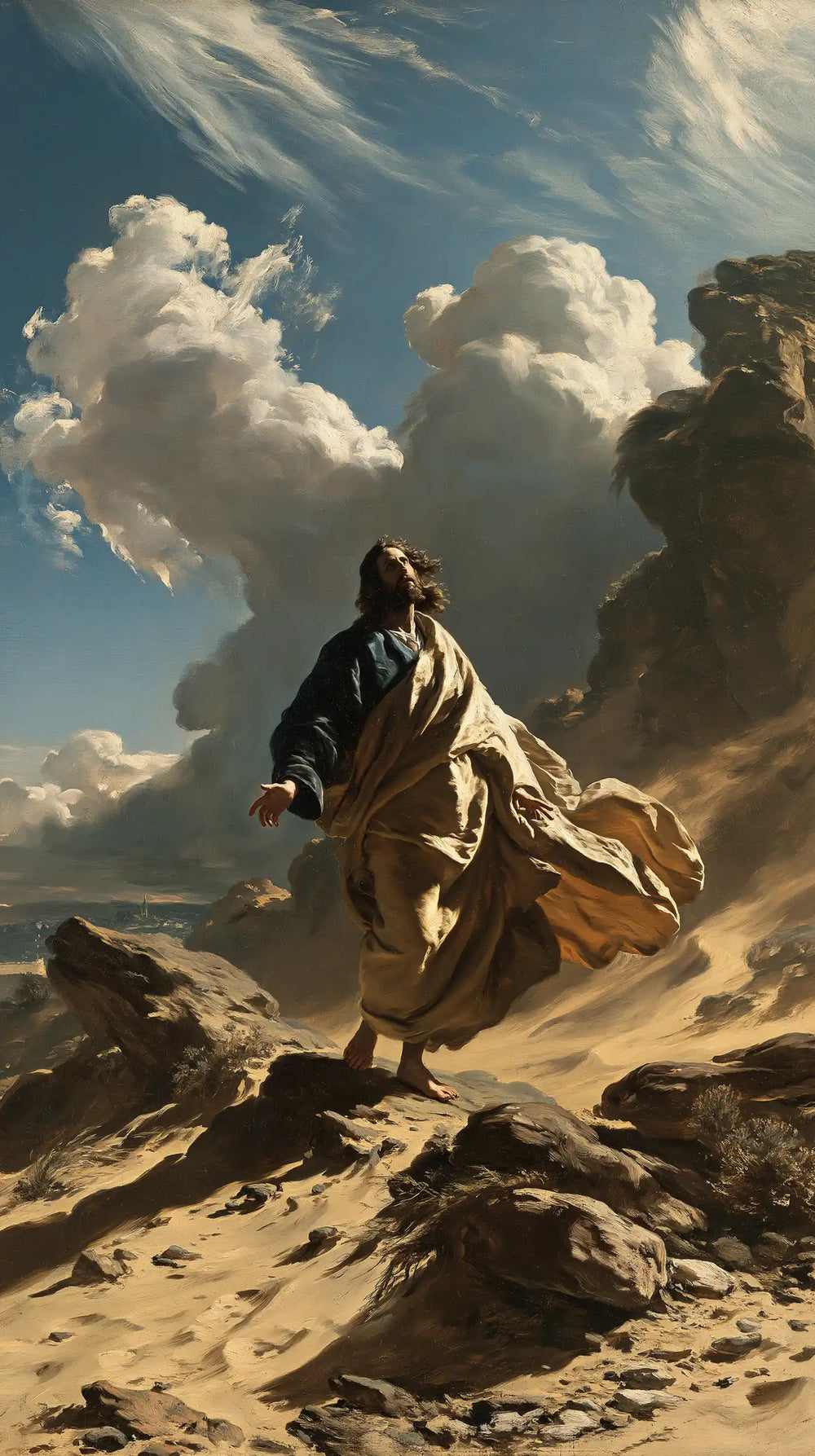 Jesus in the desert during the temptation in Theatrical Baroque style, portrait Christian artwork no. 22