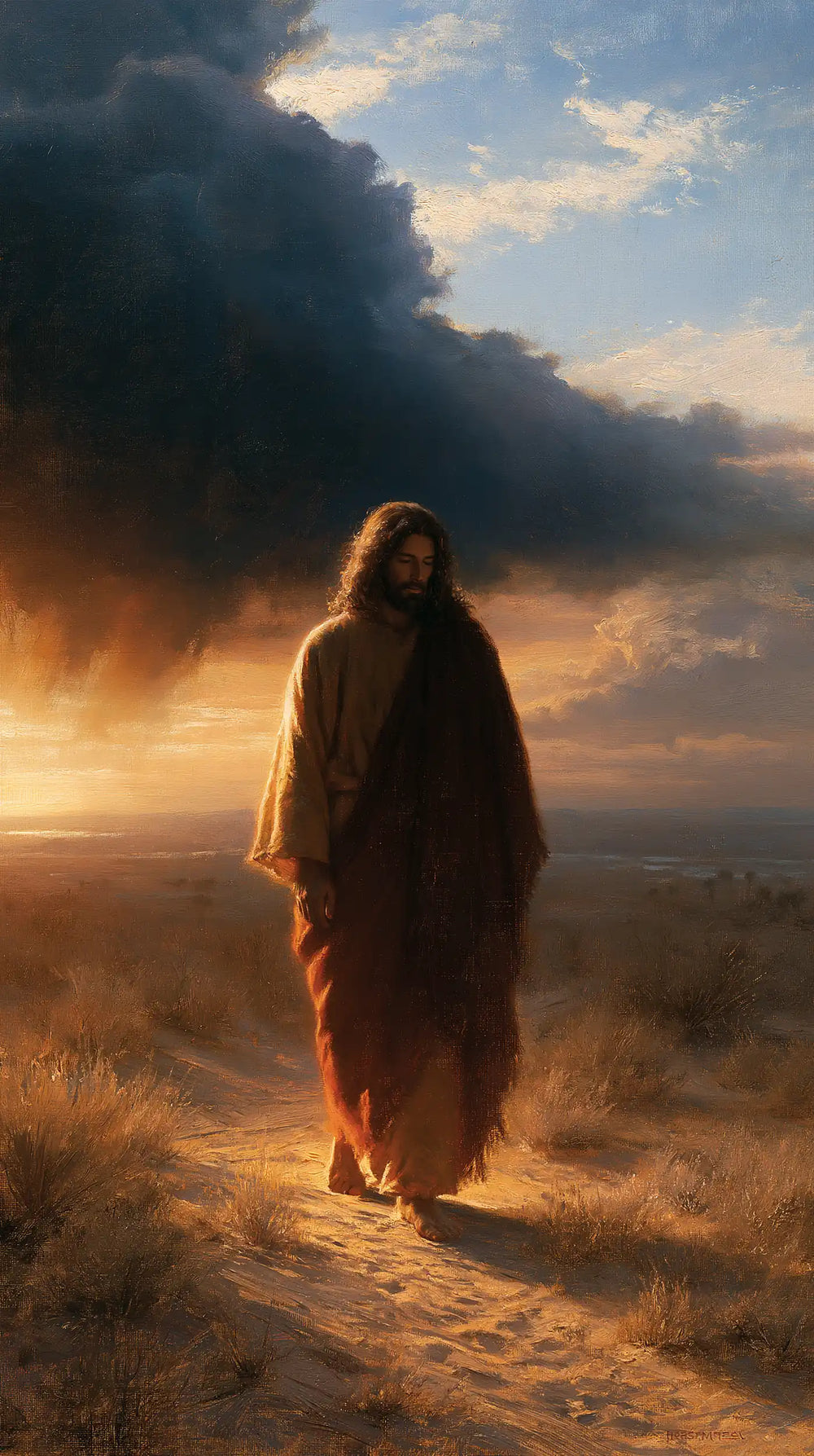 Jesus after his victory over temptation in the desert in Victory Over Temptation style, portrait Christian artwork no. 23