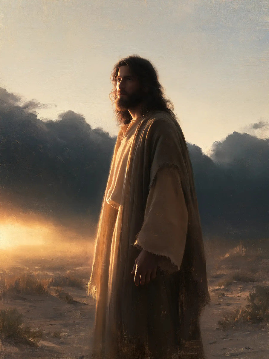 Jesus after his victory over temptation in the desert in Victory Over Temptation style, portrait Christian artwork no. 29