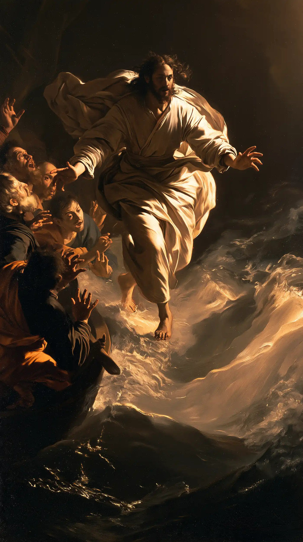Jesus walking on water in Caravaggio Tenebrism style, portrait Christian artwork no. 17