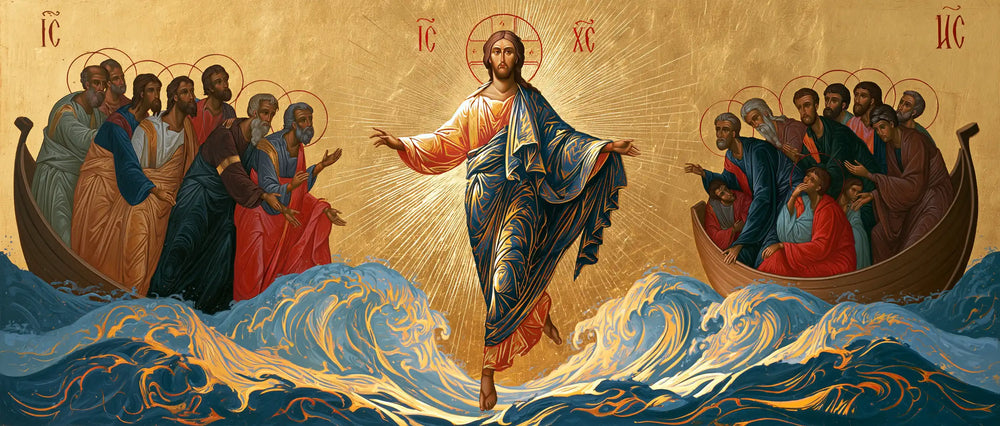 Jesus walking on water in Contemporary Byzantine style, landscape Christian artwork no. 15