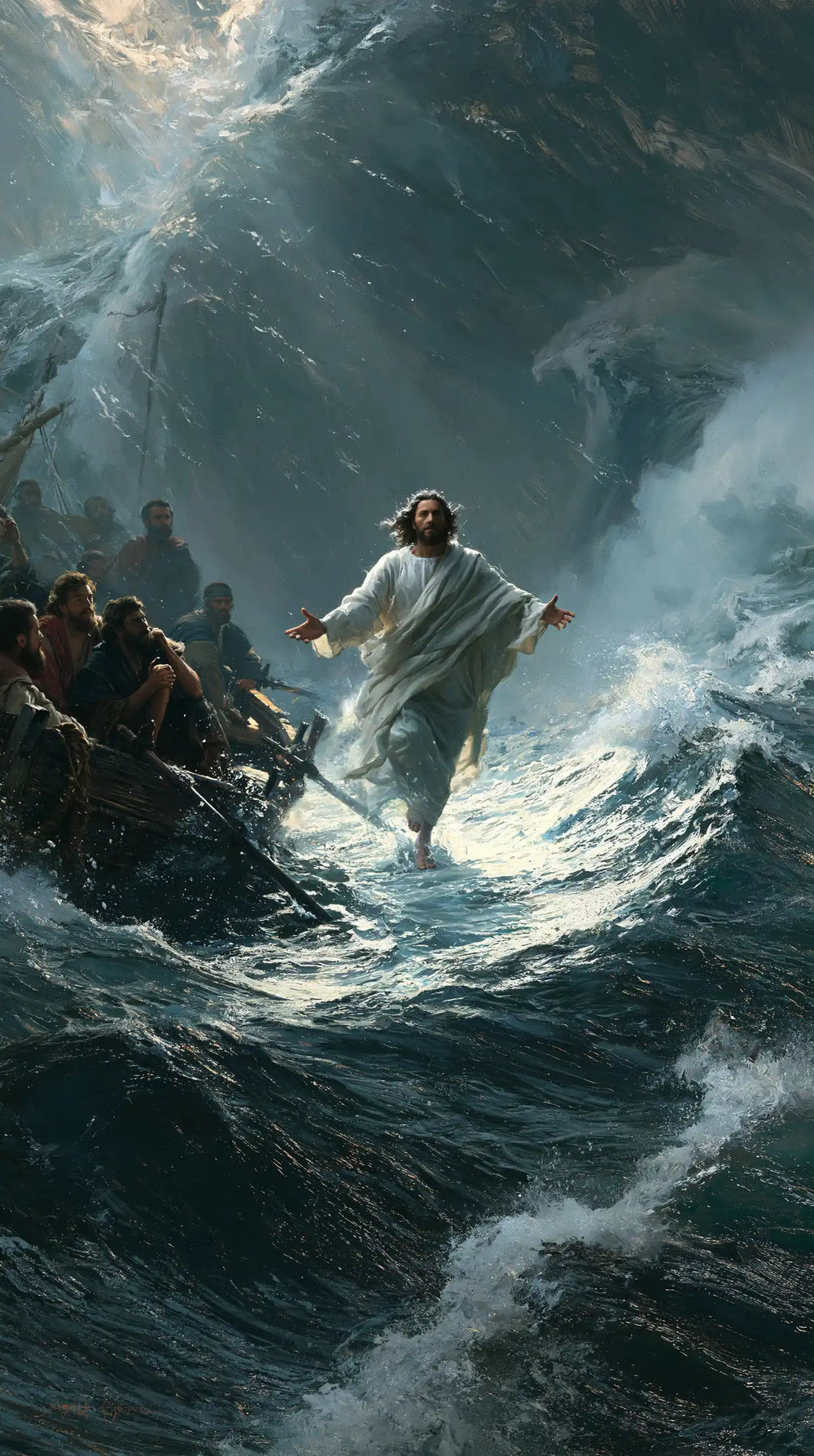 Jesus walking on water in Explosion of Movement style, portrait Christian artwork no. 7