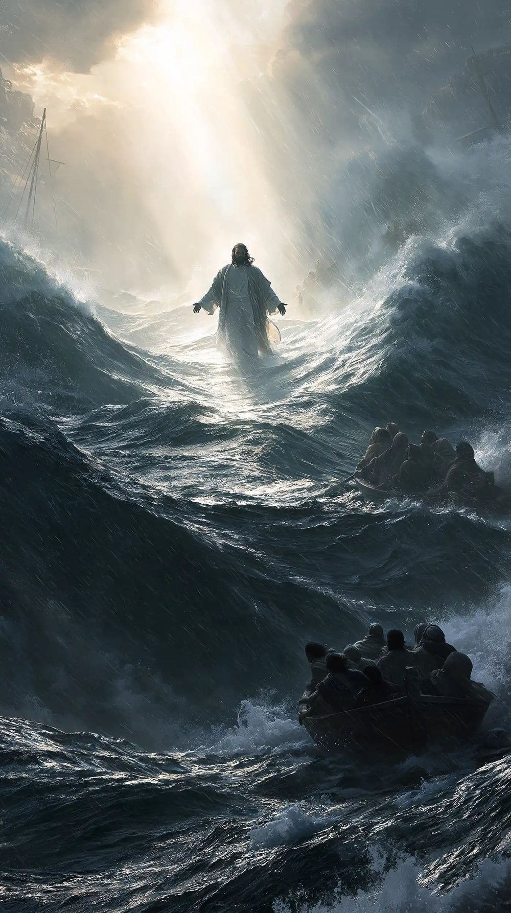 Jesus walking on water in Explosion of Movement style, portrait Christian artwork no. 35