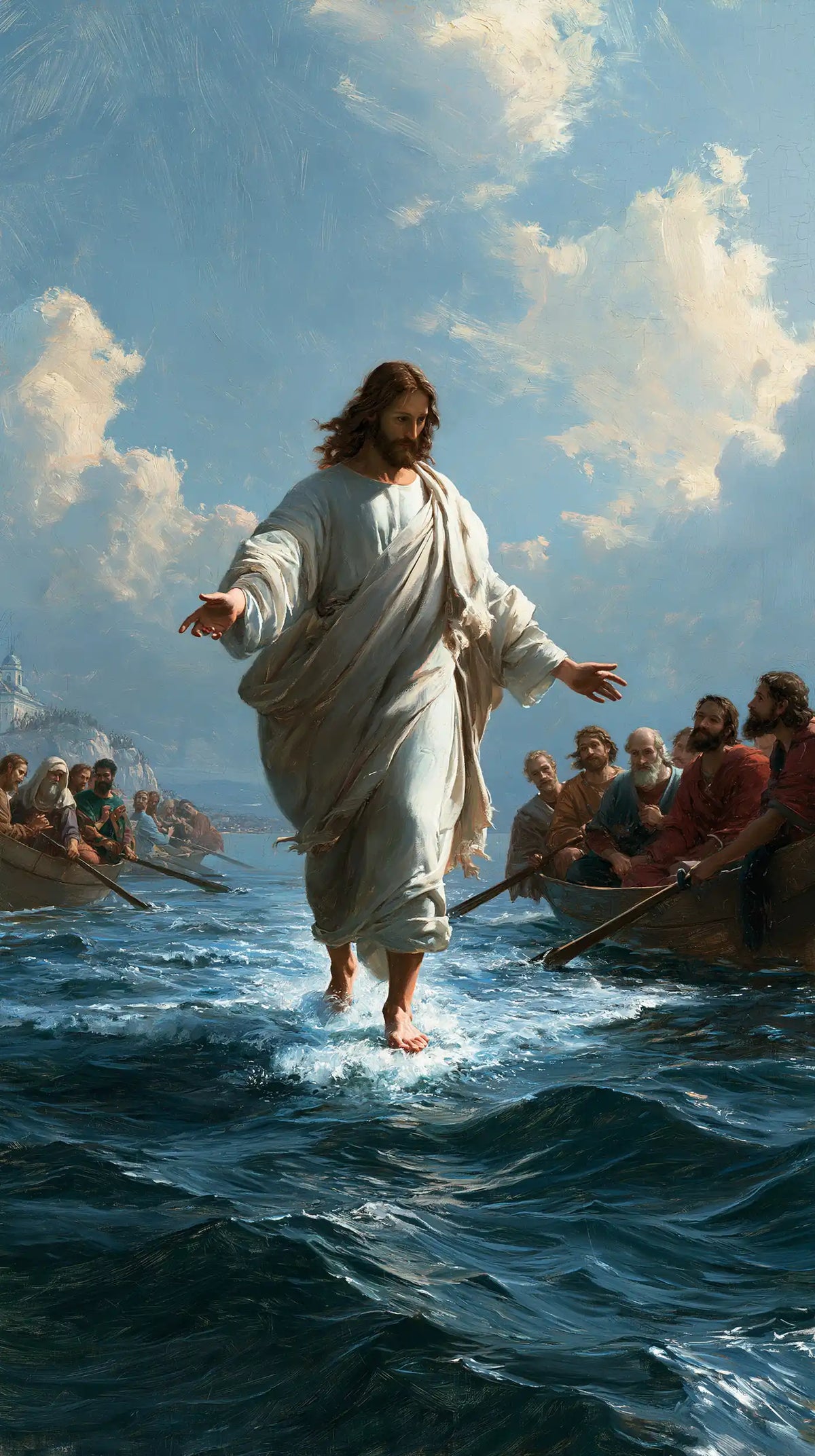 Jesus walking on water in Florentine Renaissance style, portrait Christian artwork no. 17
