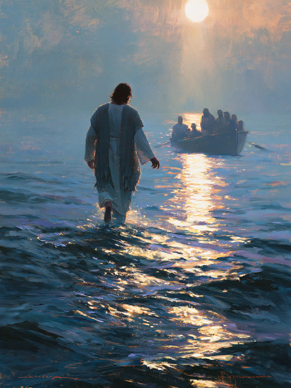 Jesus walking on water in Impressionist style, portrait Christian artwork no. 27