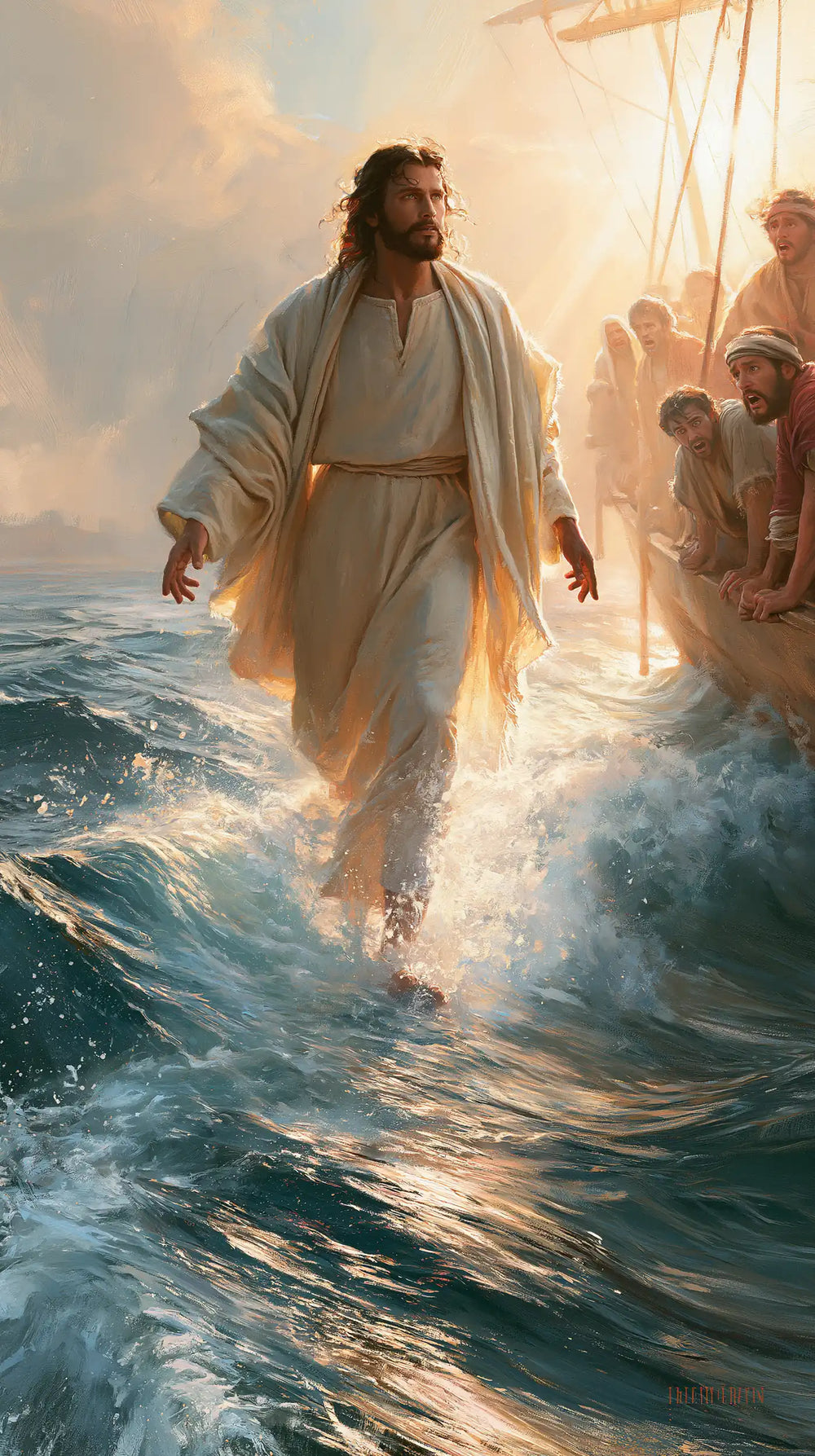 Jesus walking on water and calling Peter in Jesus Calls Peter style, portrait Christian artwork no. 1