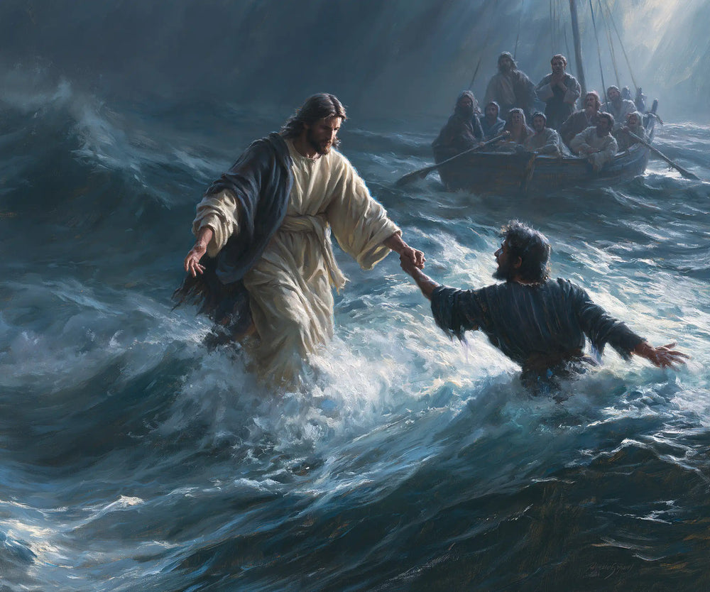 Jesus walking on water and saving Peter in Jesus Saves Peter style, landscape Christian artwork no. 4