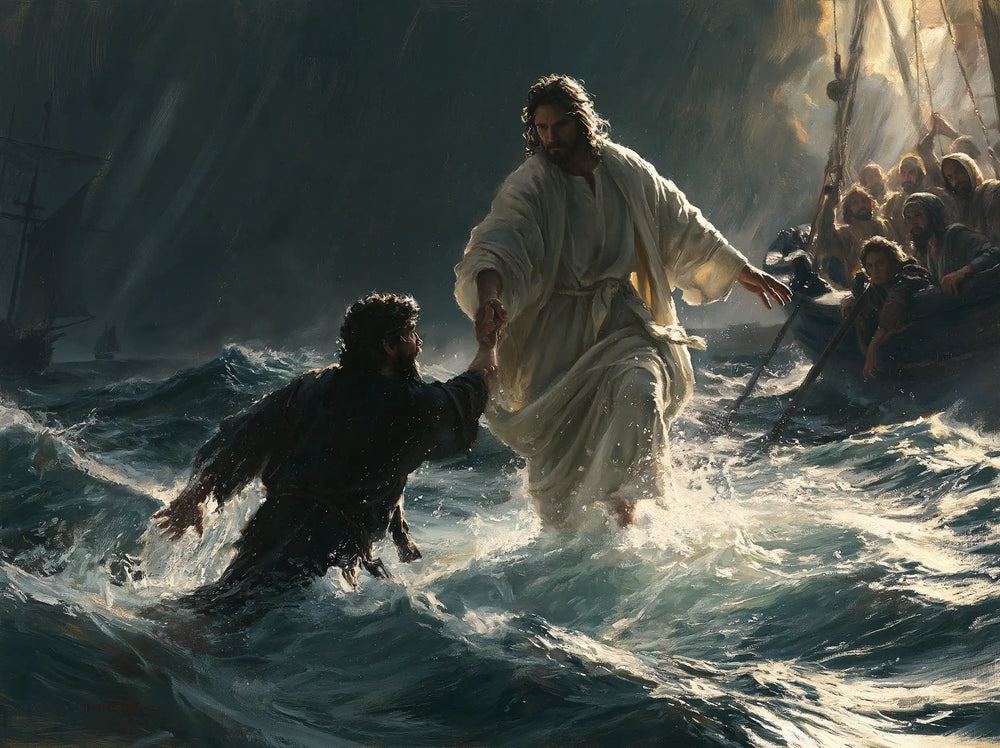 Jesus walking on water and saving Peter in Jesus Saves Peter style, landscape Christian artwork no. 8