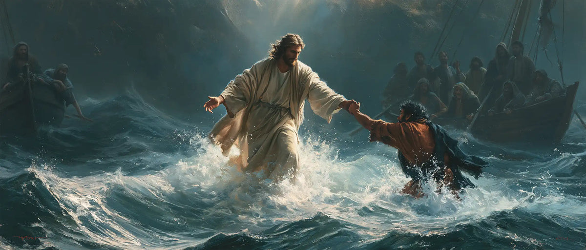 Jesus Walking on Water — The Thread of Hands beneath the Slate Sky
