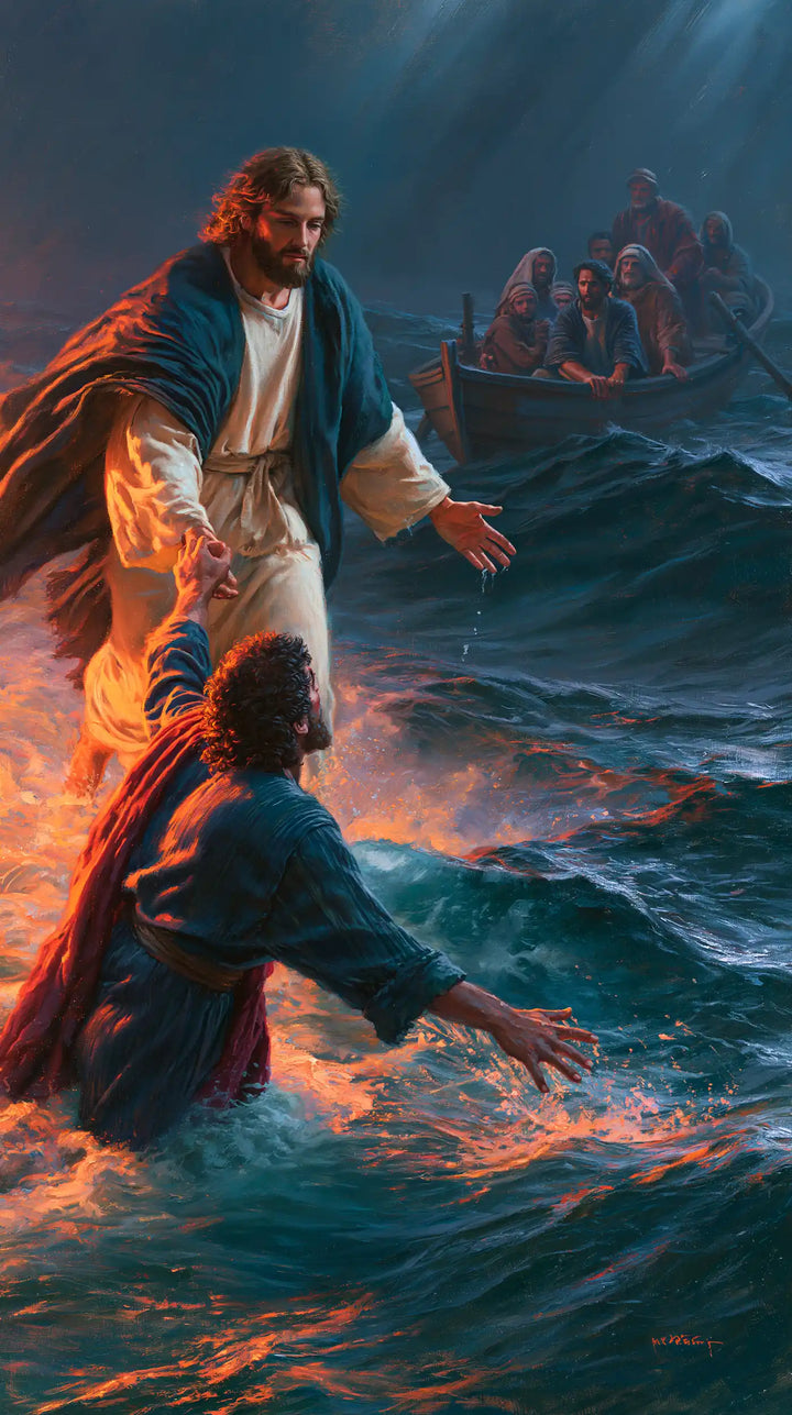 Jesus Walking on Water — Linked Hands in Ember-Coloured Water