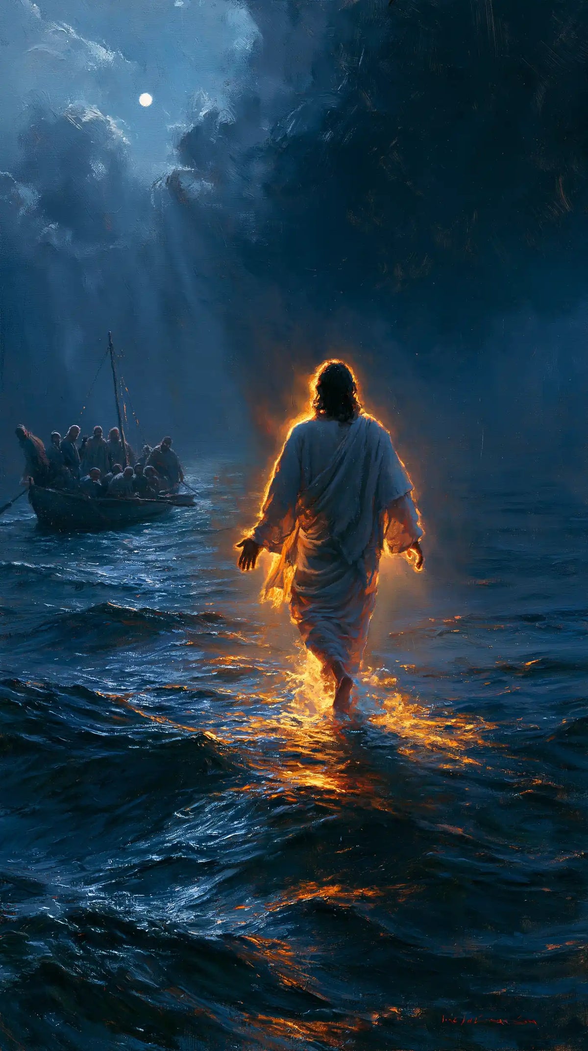 Jesus Walking on Water — The Ardent Wake beneath the Blue Vault