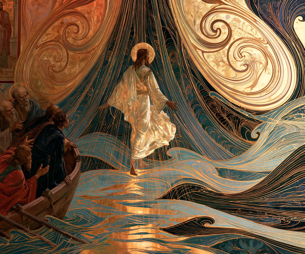 Jesus walking on water in Sacred Art Nouveau style, landscape Christian artwork no. 5