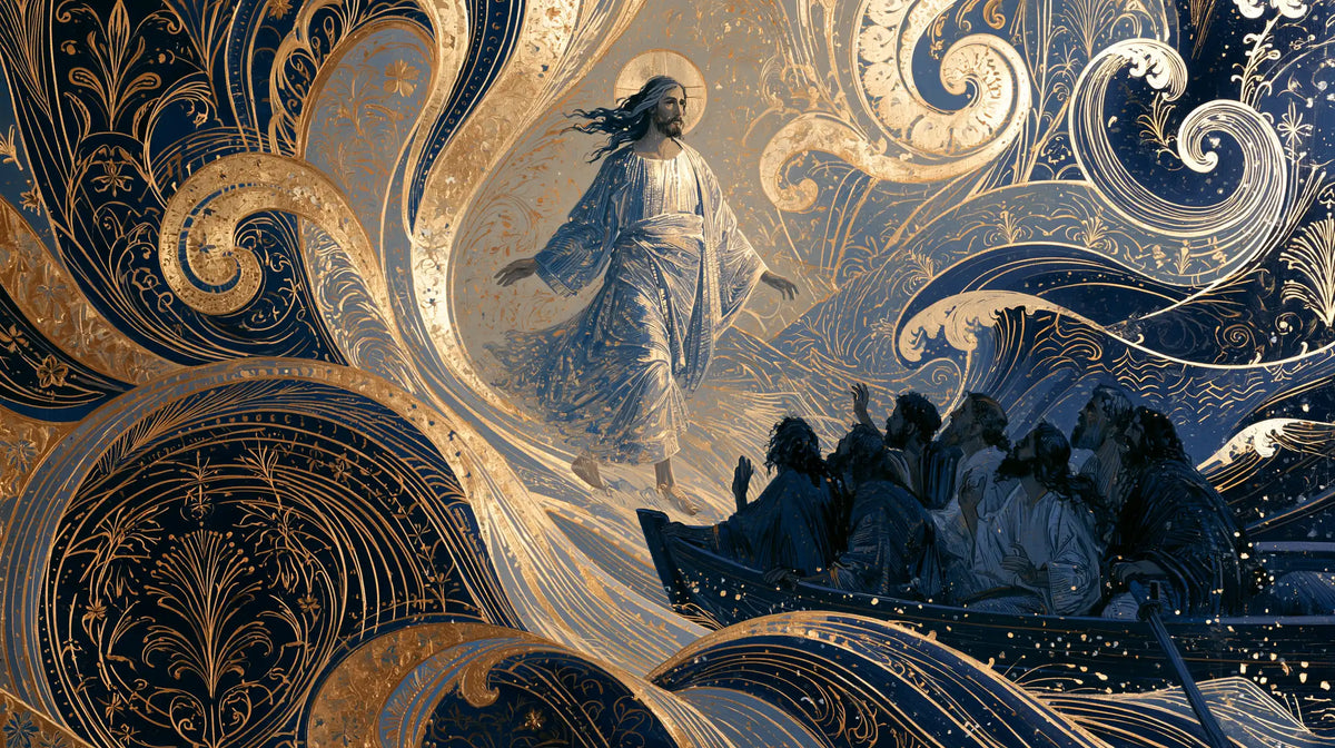 Jesus walking on water in Sacred Art Nouveau style, landscape Christian artwork no. 28