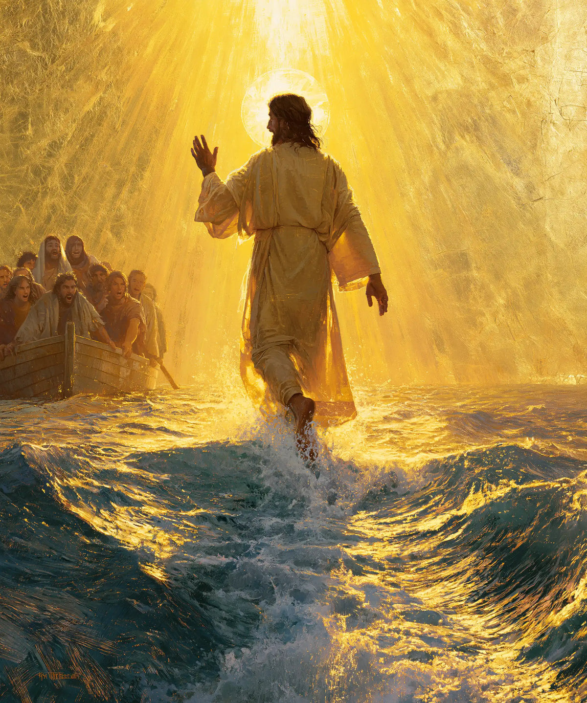 Jesus walking on water in Sacred Gold style, portrait Christian artwork no. 26