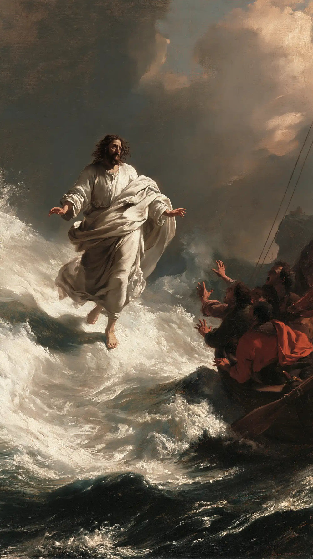 Jesus walking on water in Theatrical Baroque style, portrait Christian artwork no. 2