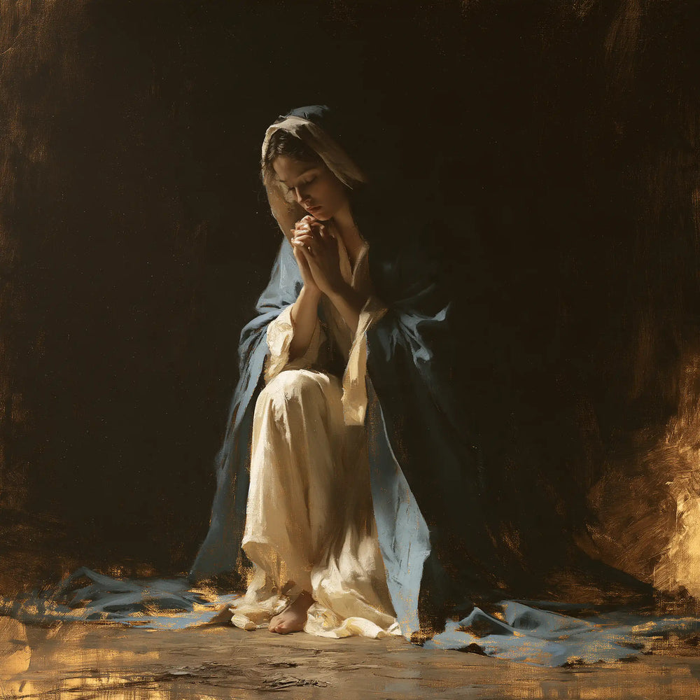 the Virgin Mary in prayer in Black and Gold style, square Christian artwork no. 2