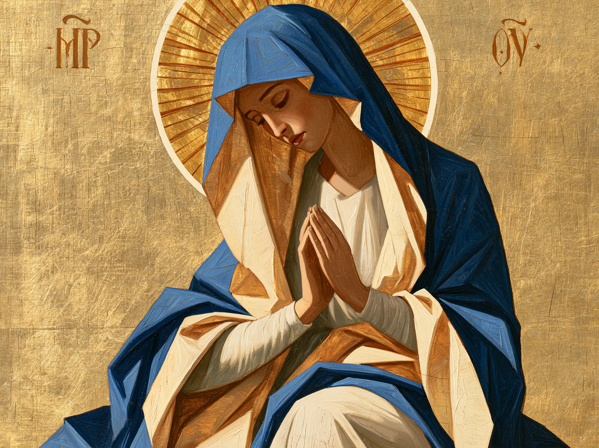 Virgin Mary in Prayer — The Halo of Copper Rays