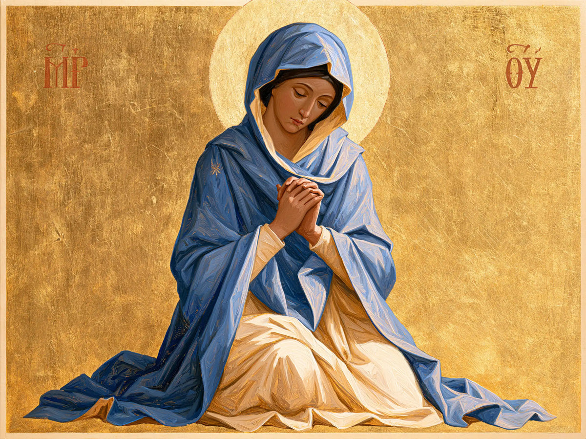 Virgin Mary in Prayer — The Harmony of Blue and Ivory