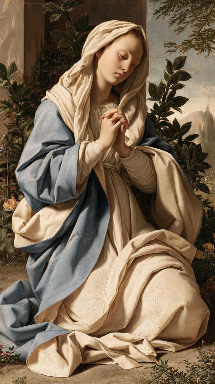 Virgin Mary in Prayer — Linen beside the Dark Bough