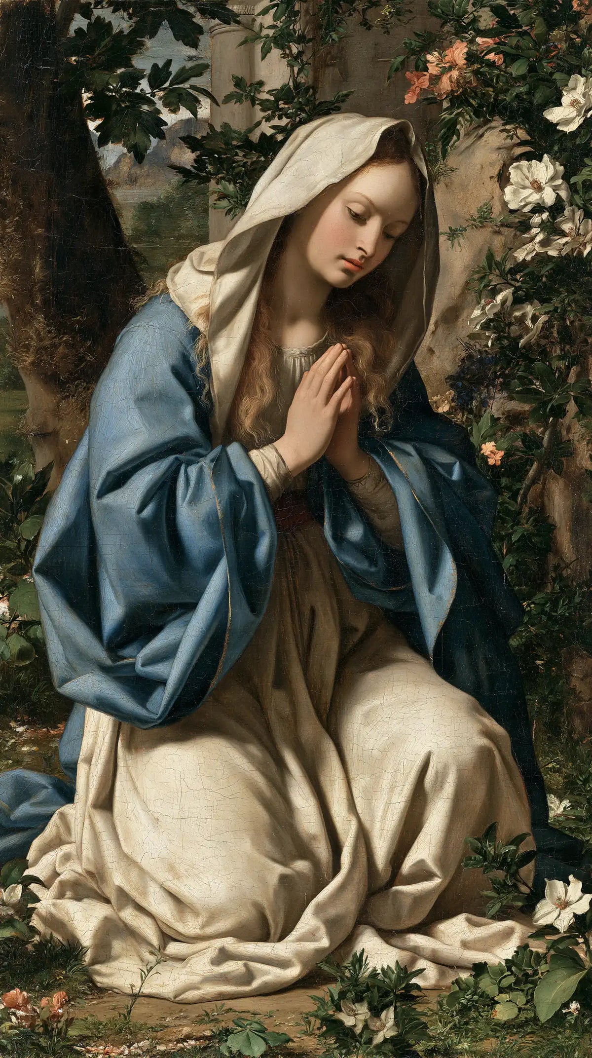 Virgin Mary in Prayer — The Wall of Roses and the Prayer