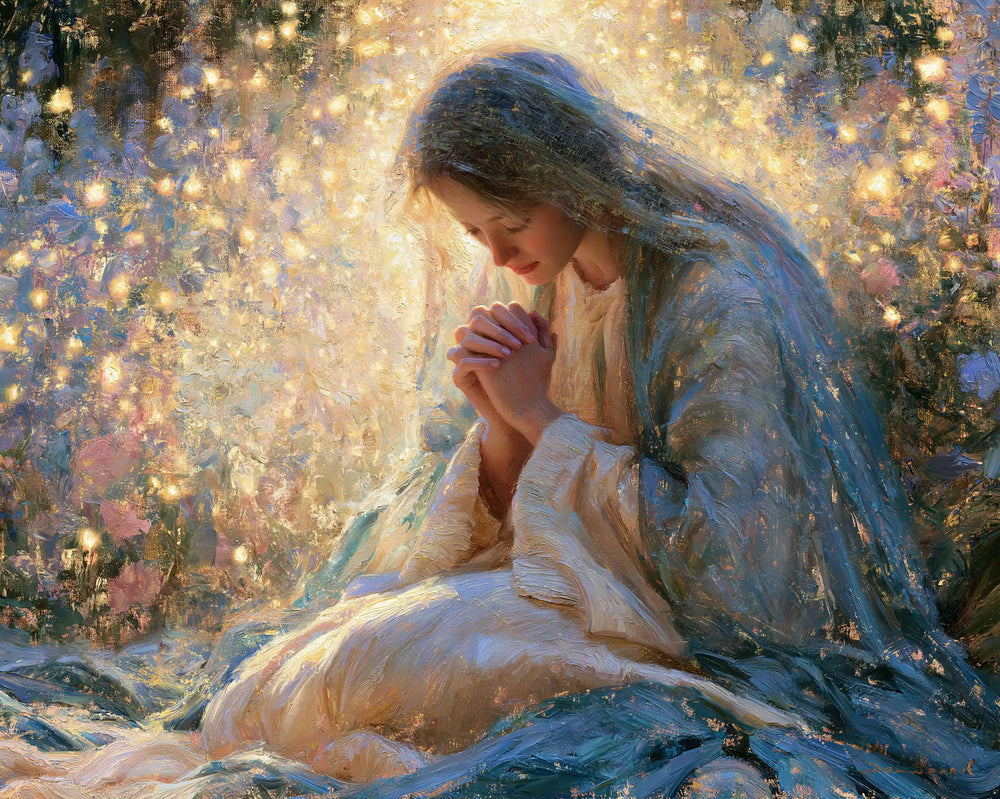 the Virgin Mary in prayer in Impressionist style, landscape Christian artwork no. 2