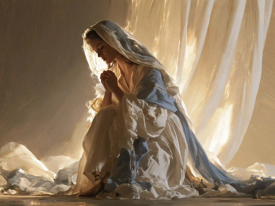 Virgin Mary in Prayer — Light Suspended behind the Prayer