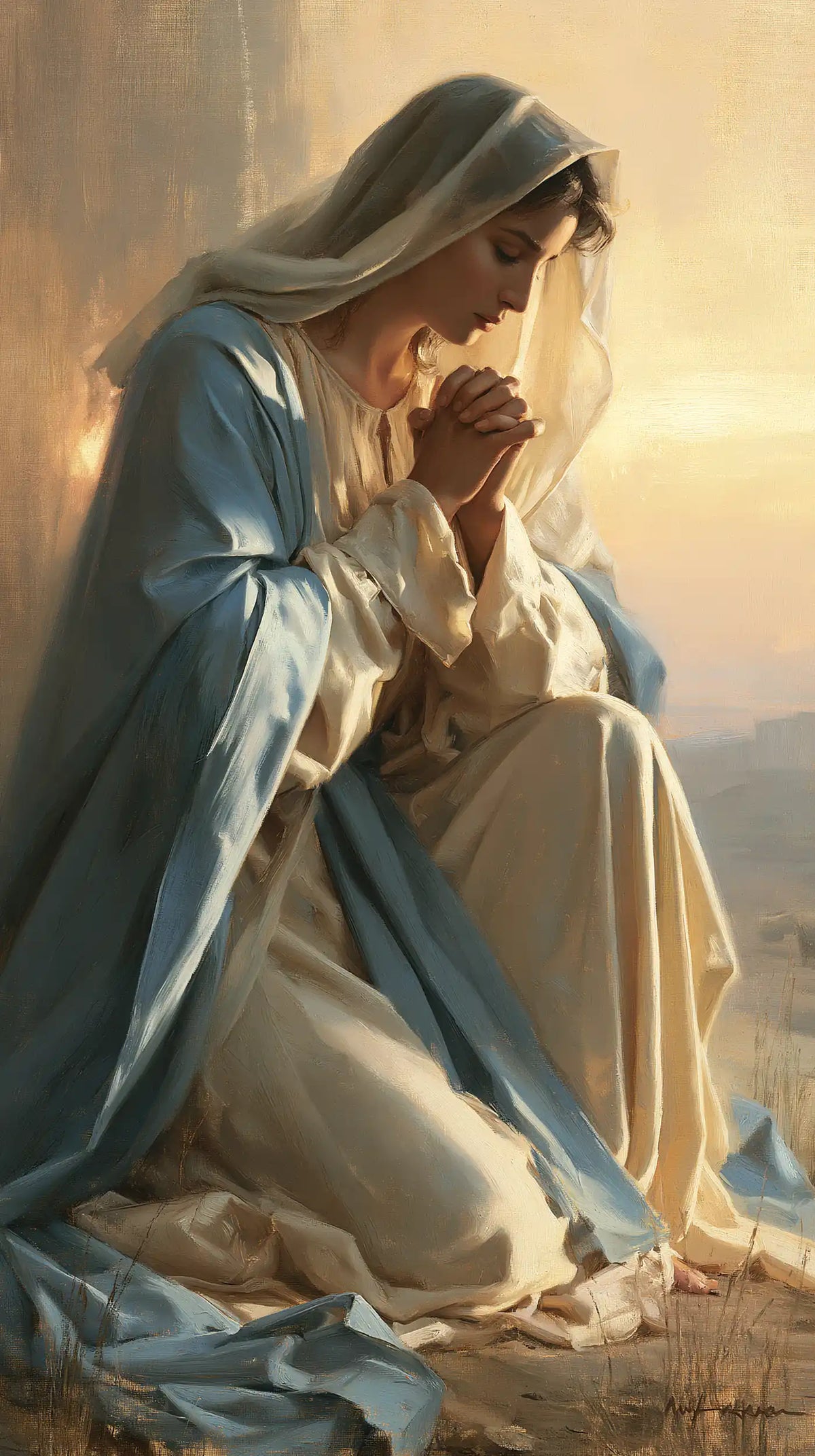 Virgin Mary in Prayer — The Profile before the Amber Horizon