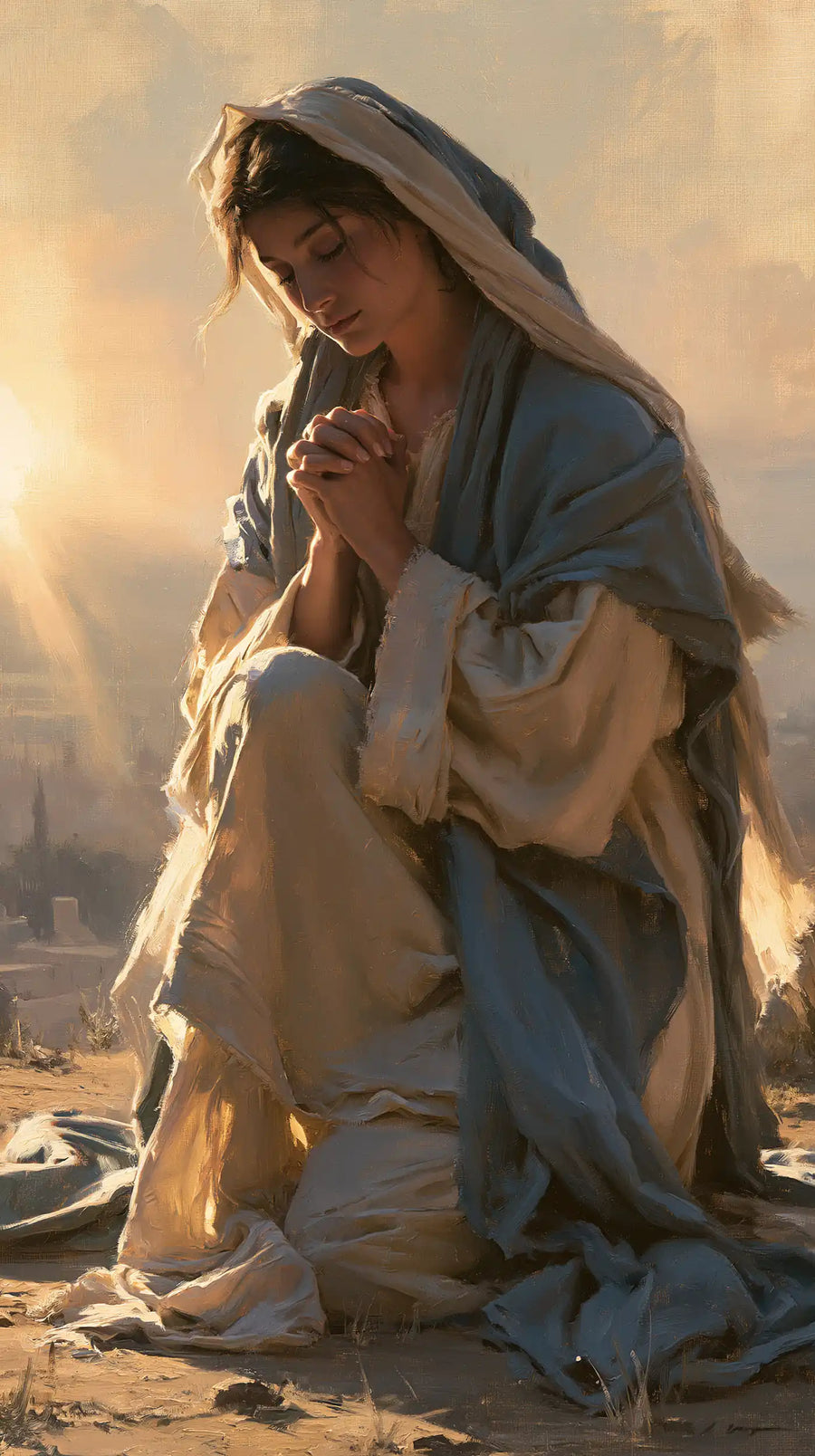 Virgin Mary in Prayer — Prayer in Sunlit Dust