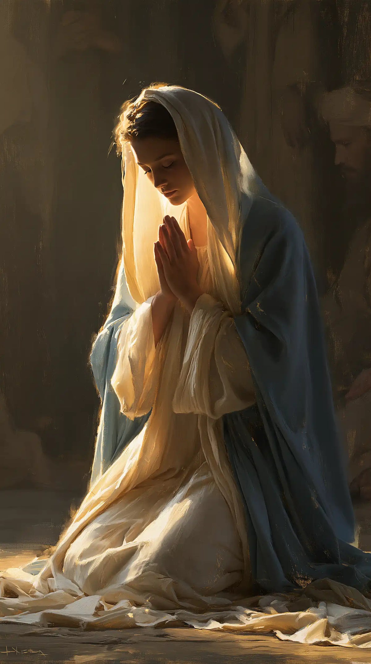 Virgin Mary in Prayer — The Veil with the Gentle Flame
