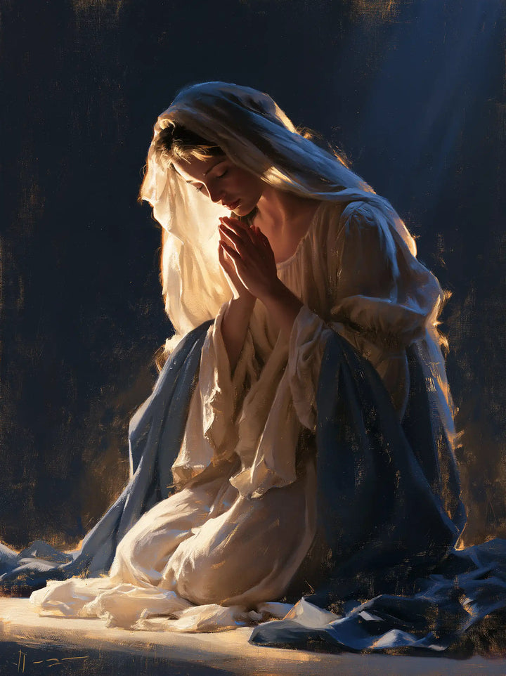 Virgin Mary in Prayer — The Pale Veil in the Blue Vigil