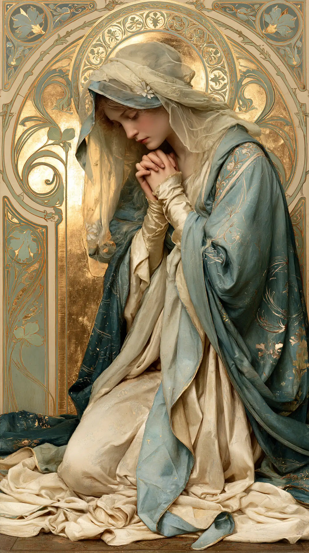 the Virgin Mary in prayer in Sacred Art Nouveau style, portrait Christian artwork no. 23