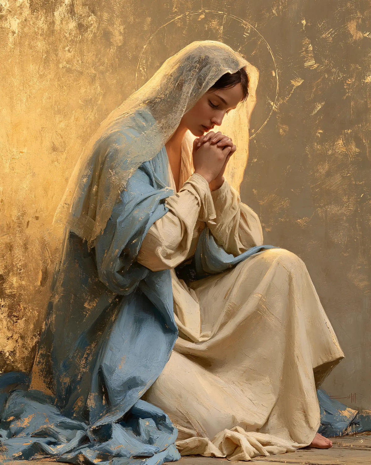 Virgin Mary in Prayer — Prayer beneath a Light-Flecked Veil