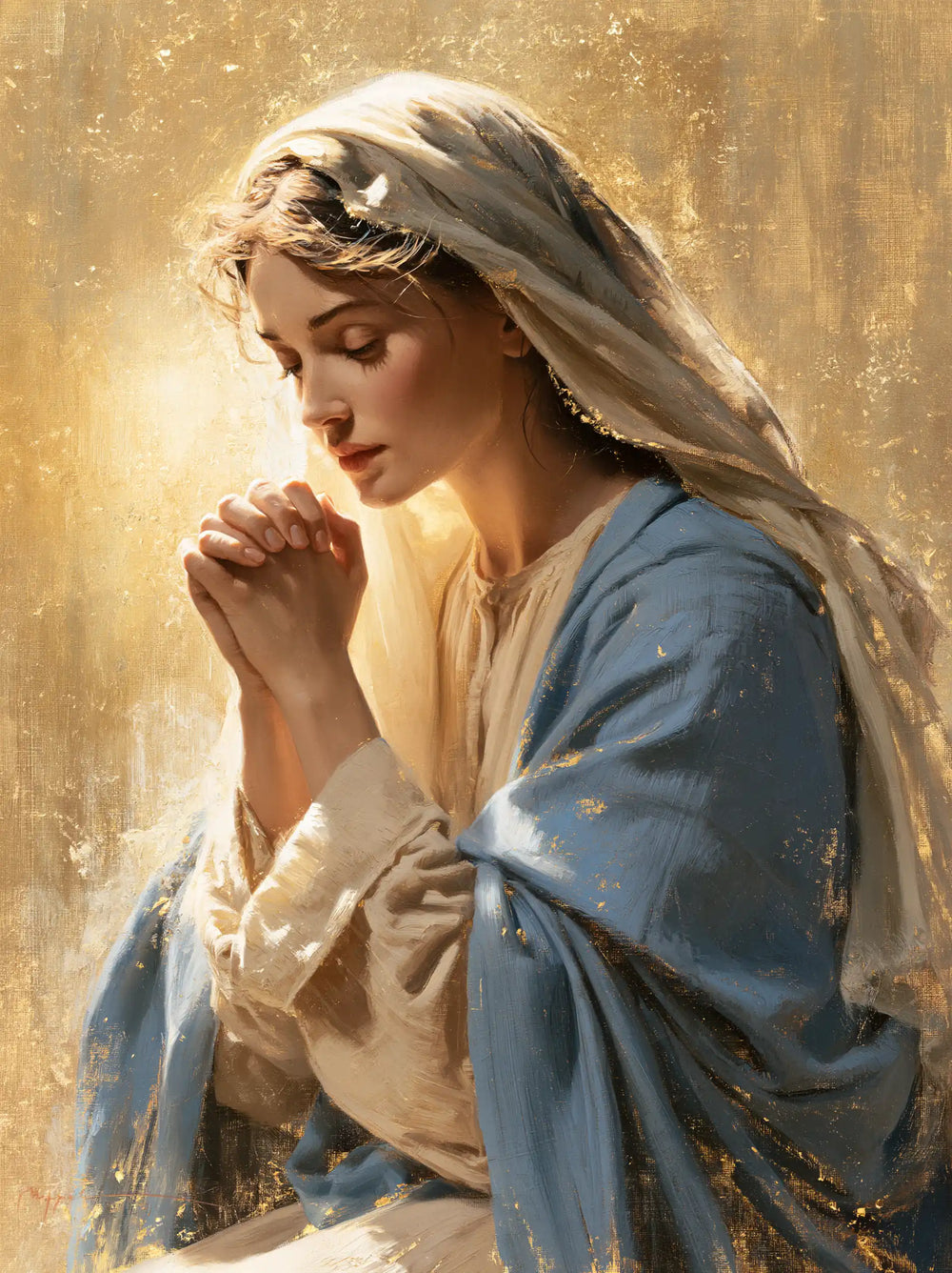 the Virgin Mary in prayer in Sacred Gold style, portrait Christian artwork no. 34