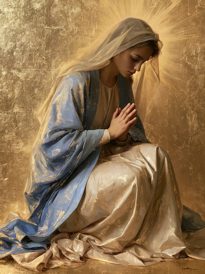 Virgin Mary in Prayer — The Quiet Radiance of the Sand-Coloured Veil