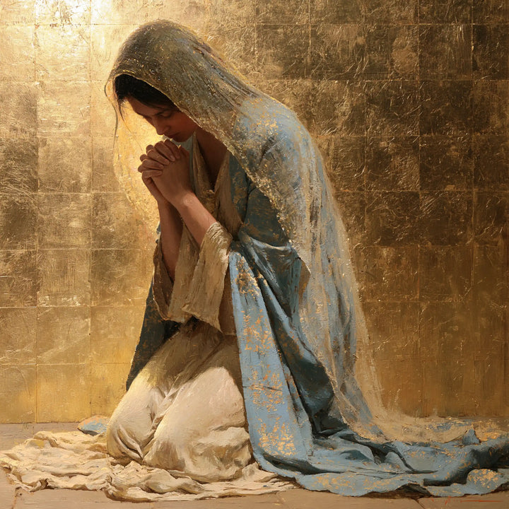 Virgin Mary in Prayer — The Enfolding Veil in Gold