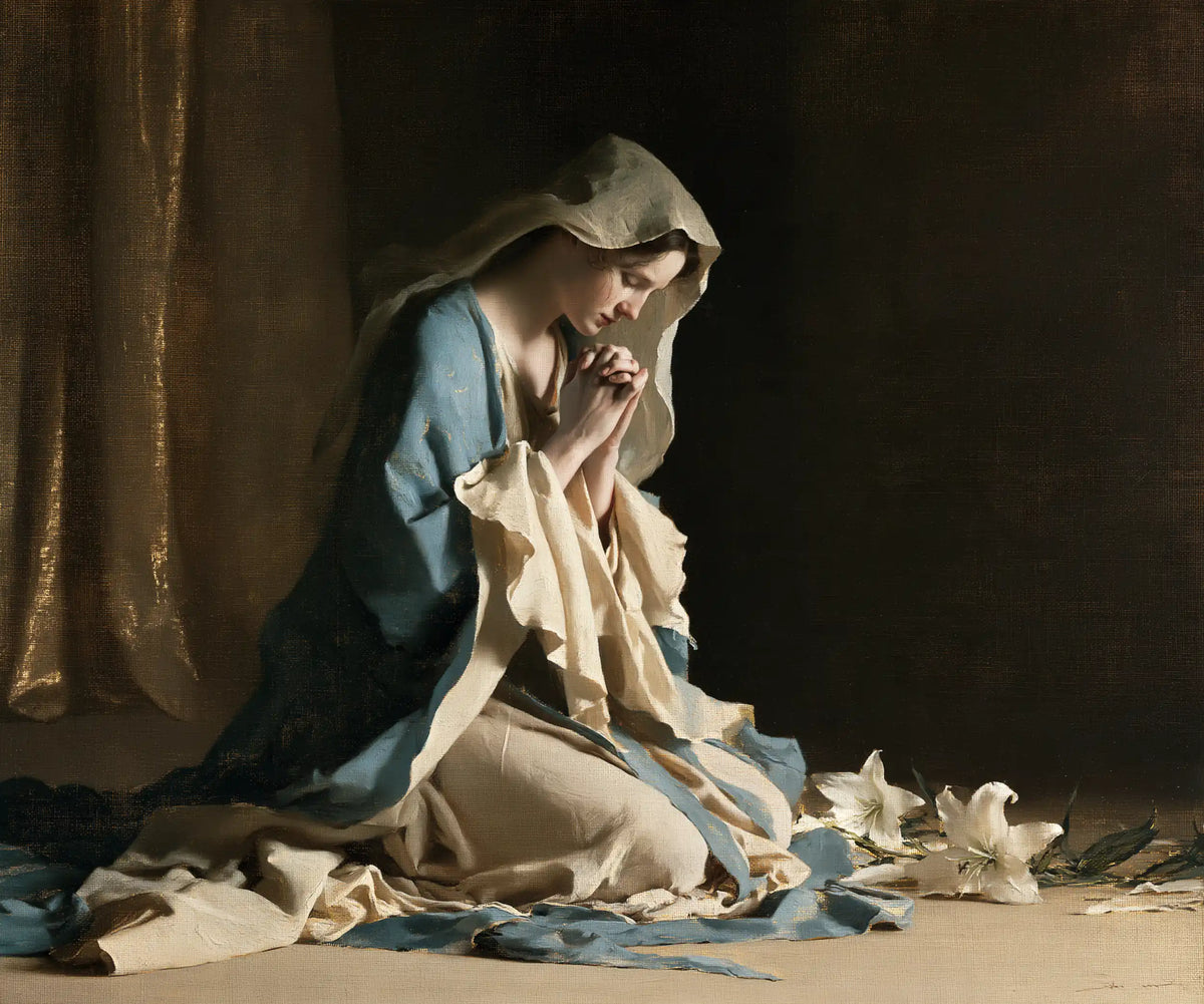 the Virgin Mary in prayer in Symbolist style, landscape Christian artwork no. 2