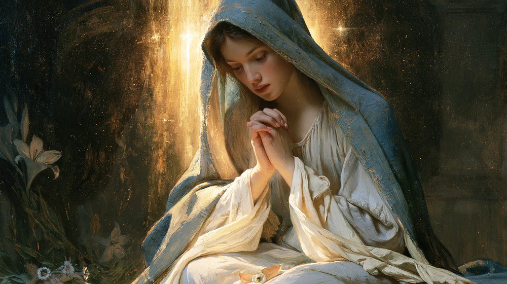 the Virgin Mary in prayer in Symbolist style, landscape Christian artwork no. 13