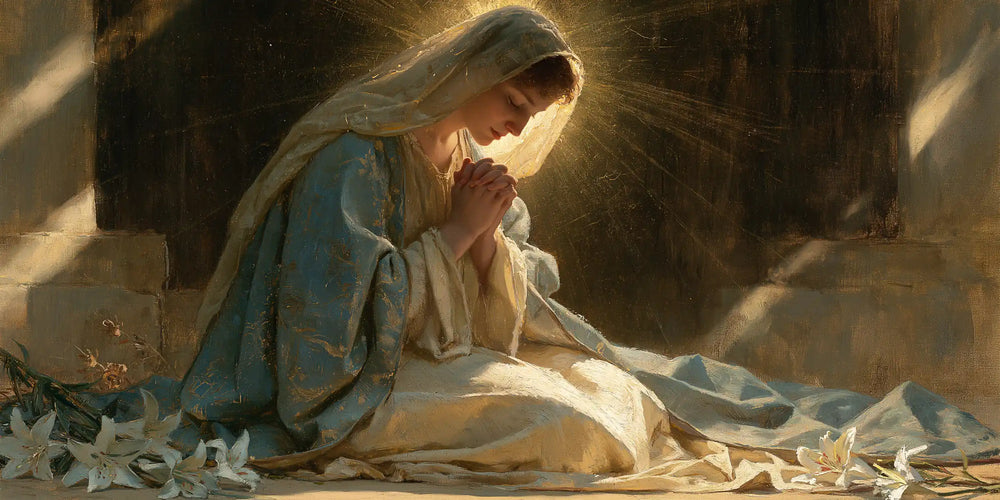 the Virgin Mary in prayer in Symbolist style, landscape Christian artwork no. 23