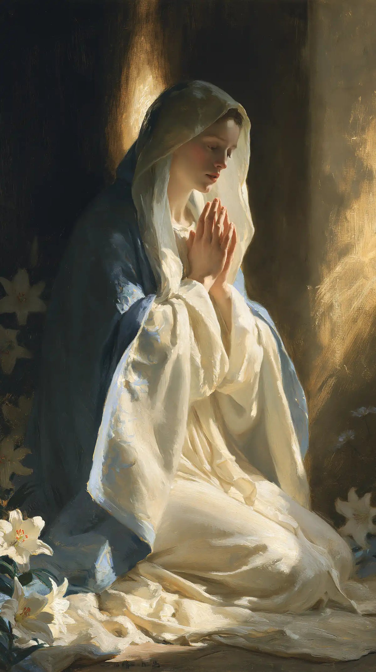 Virgin Mary in Prayer — Sleeves Bathed in Light