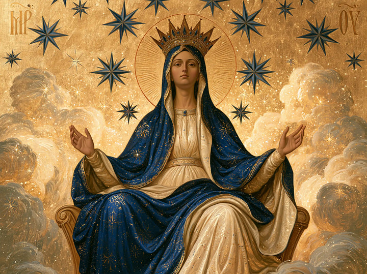 Mary, Queen of Heaven — The Golden Throne Beneath Green Stars