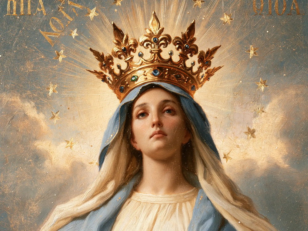Mary with the heavenly crown as the central symbol in The Crown as Central Symbol style, landscape Christian artwork no. 7