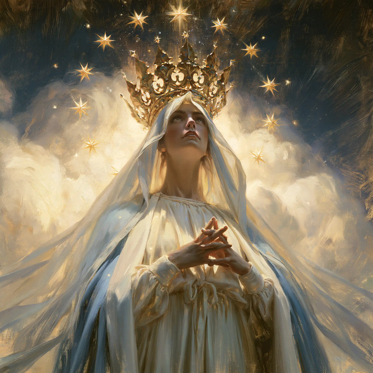 Mary with the heavenly crown as the central symbol in The Crown as Central Symbol style, square Christian artwork no. 1