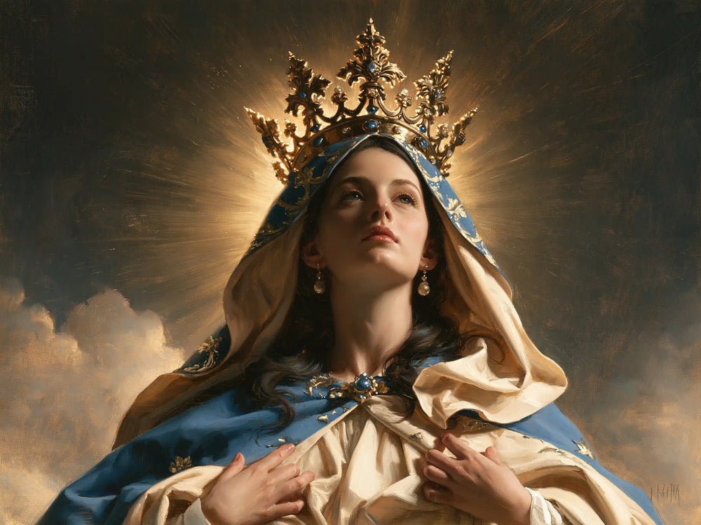 Mary as Queen of Heaven surrounded by divine light in Mary as Divine Light style, landscape Christian artwork no. 5