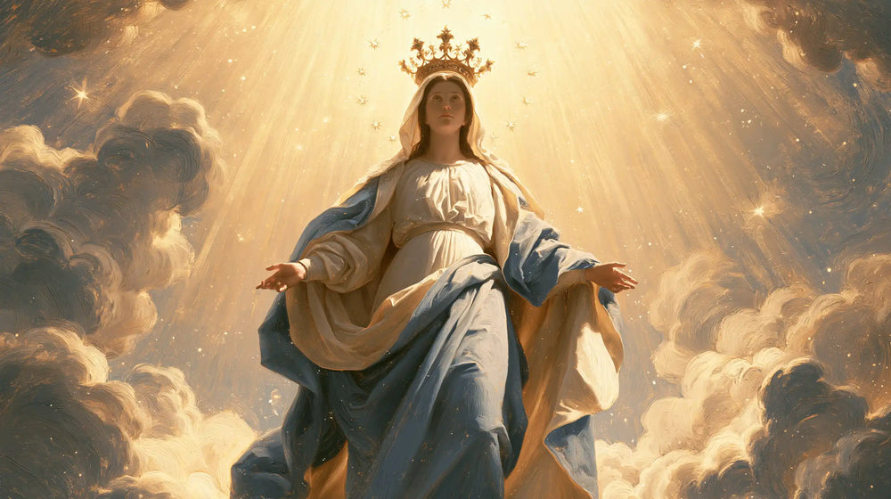 Mary as Queen of Heaven before heavenly light in Mary before Heavenly Light style, landscape Christian artwork no. 6