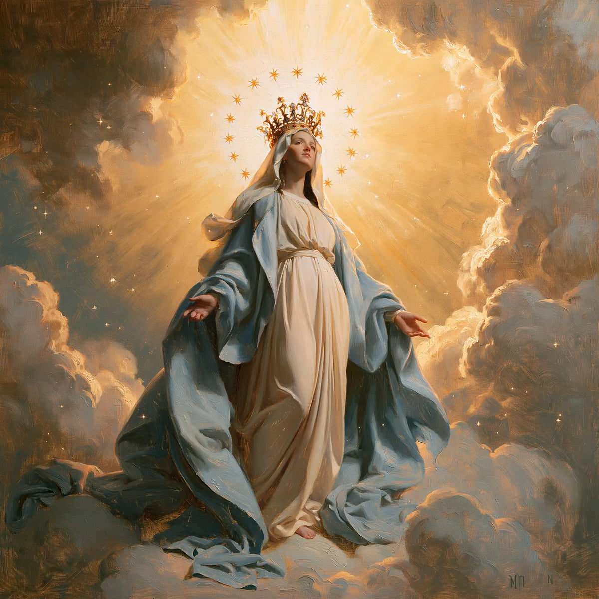 Mary as Queen of Heaven before heavenly light in Mary before Heavenly Light style, square Christian artwork no. 1