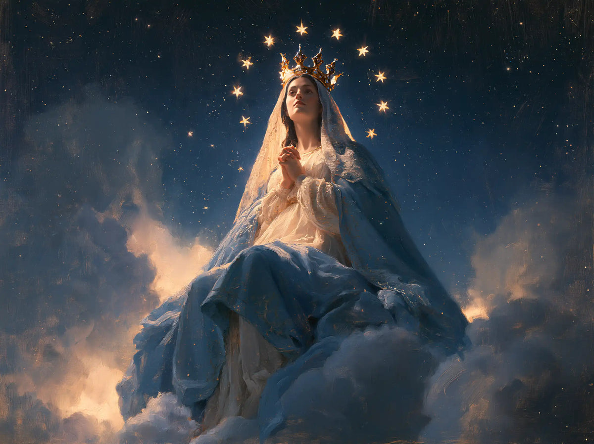 Mary as Queen of Heaven in midnight-blue chiaroscuro in Midnight Blue Chiaroscuro style, landscape Christian artwork no. 3