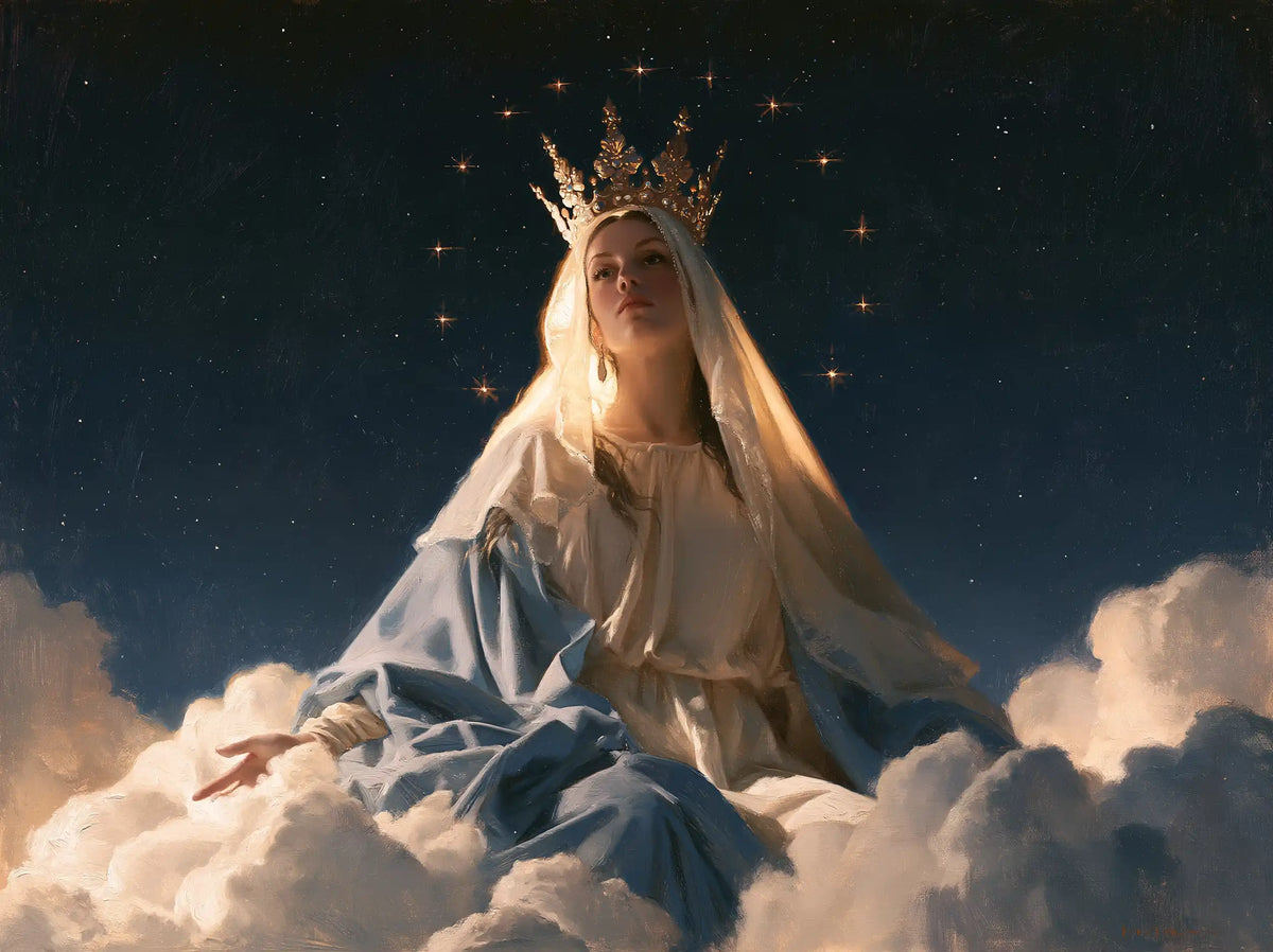 Mary as Queen of Heaven in midnight-blue chiaroscuro in Midnight Blue Chiaroscuro style, landscape Christian artwork no. 7