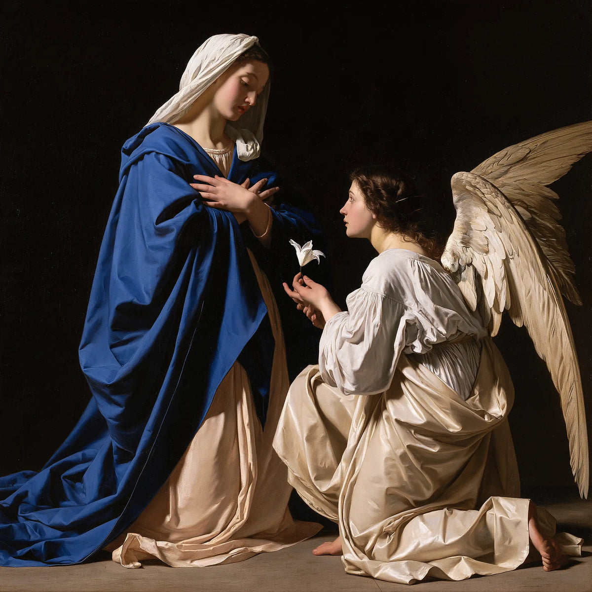 Mary in the Radiant Blue Robe – Caravaggio-Inspired Tenebrist Art · Square