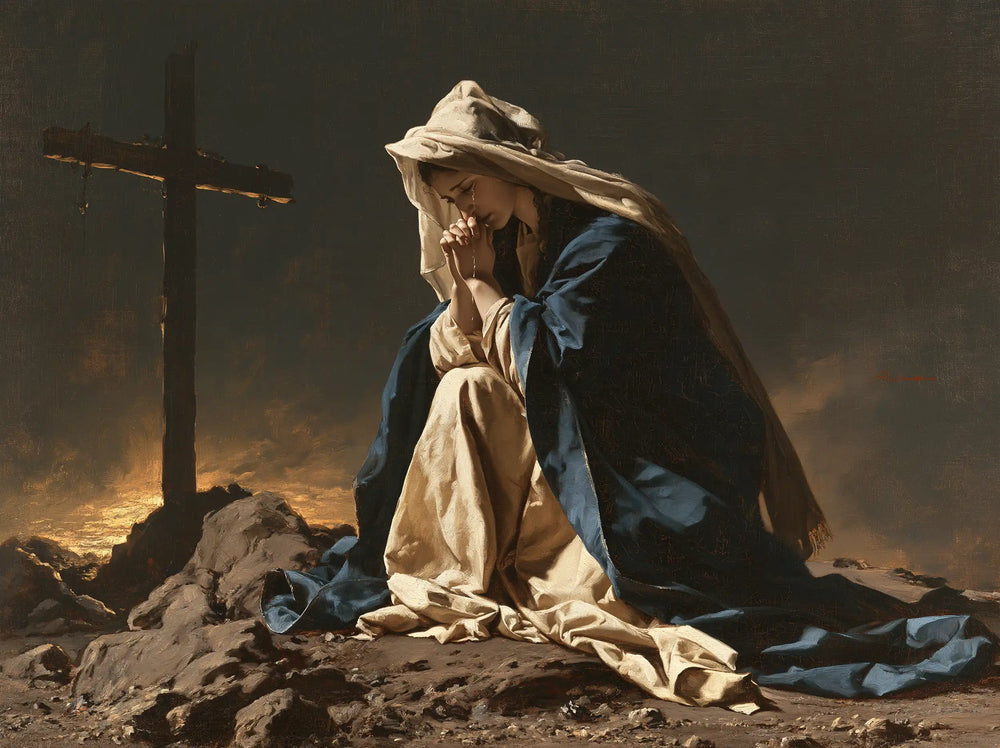 Mary kneeling before the Cross in Mary Kneeling before the Cross style, landscape Christian artwork no. 2
